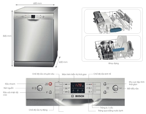 Máy rửa bát độc lập Bosch SMS63L08EA với chất liệu lồng làm bằng thép không gỉ